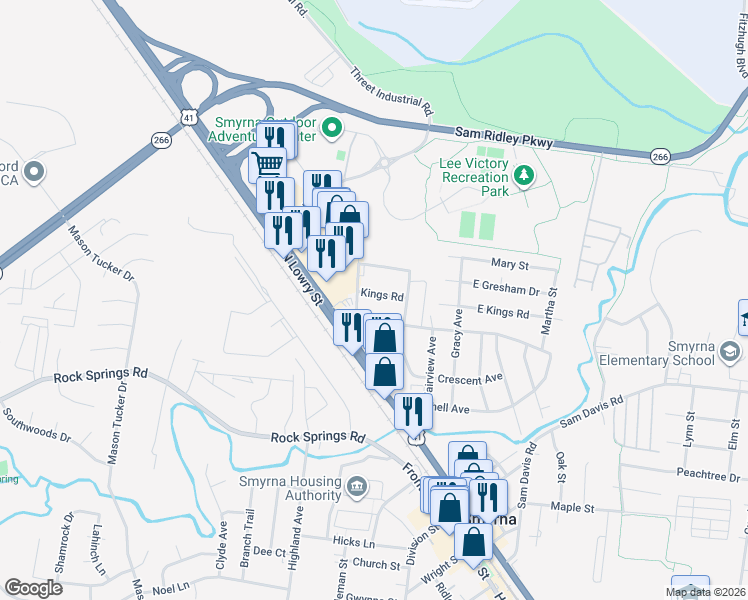 map of restaurants, bars, coffee shops, grocery stores, and more near 106 Kings Road in Smyrna