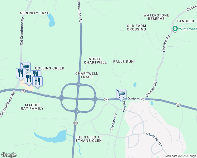 map of restaurants, bars, coffee shops, grocery stores, and more near 4620 Durham Road in Wake Forest