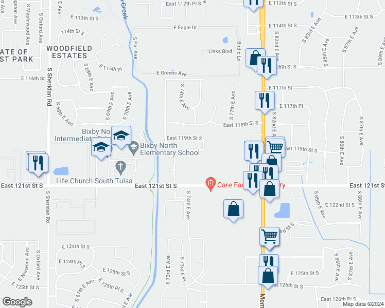 map of restaurants, bars, coffee shops, grocery stores, and more near 7358 East 119th Place South in Bixby