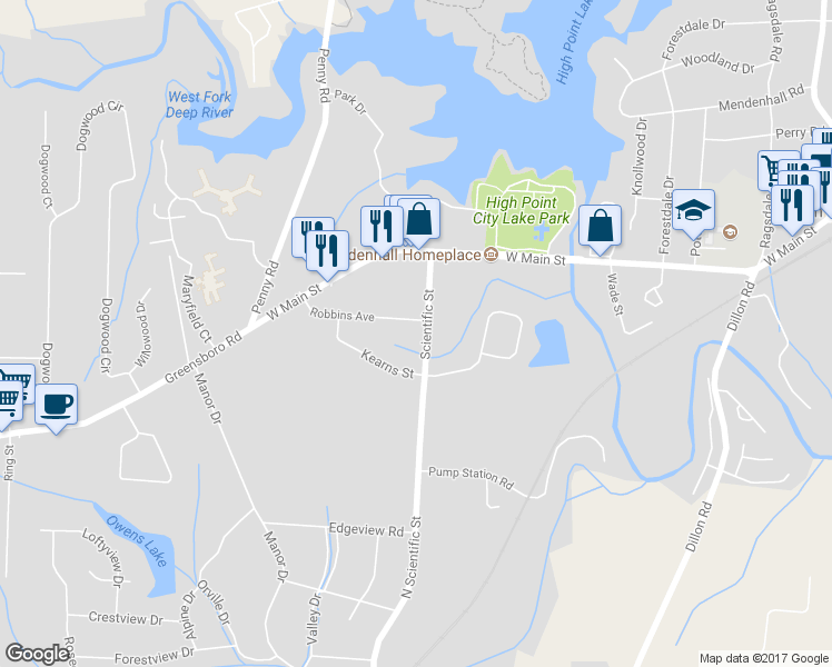 map of restaurants, bars, coffee shops, grocery stores, and more near 101 Robbins Avenue in Jamestown