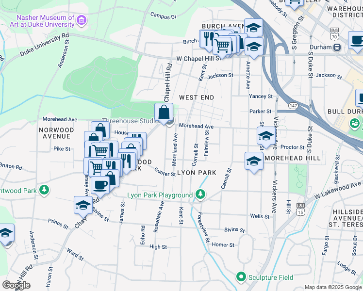 map of restaurants, bars, coffee shops, grocery stores, and more near 1013 Kent Street in Durham
