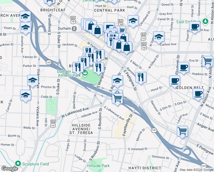 map of restaurants, bars, coffee shops, grocery stores, and more near 555 South Mangum Street in Durham