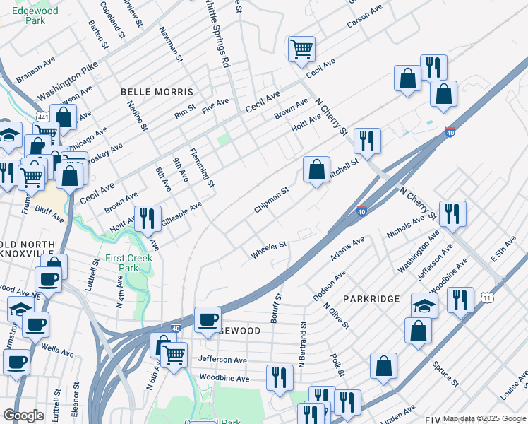 map of restaurants, bars, coffee shops, grocery stores, and more near 2128 Chipman Street in Knoxville