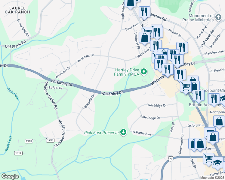 map of restaurants, bars, coffee shops, grocery stores, and more near 2640 Ingleside Drive in High Point