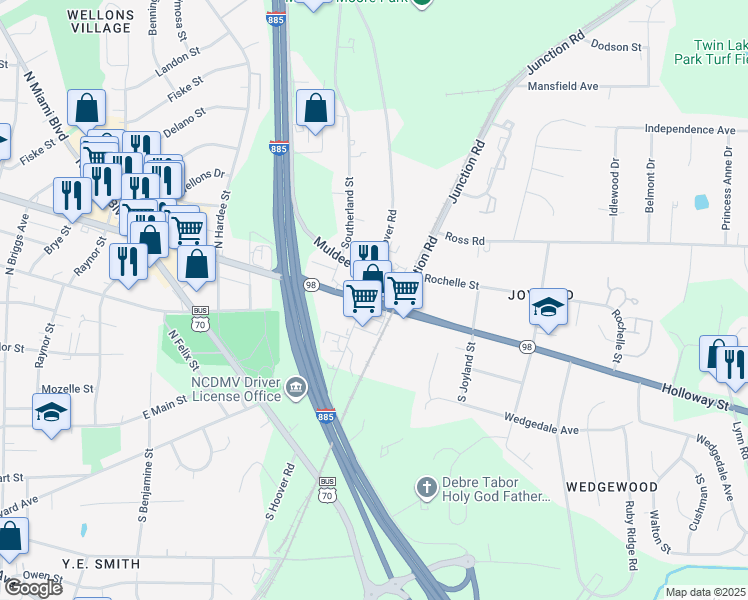 map of restaurants, bars, coffee shops, grocery stores, and more near 2313 Holloway Street in Durham