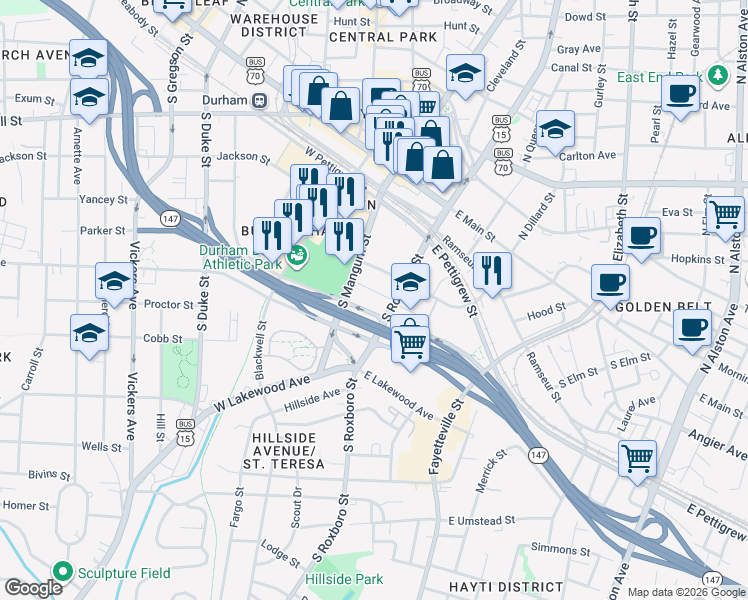map of restaurants, bars, coffee shops, grocery stores, and more near 515 South Mangum Street in Durham