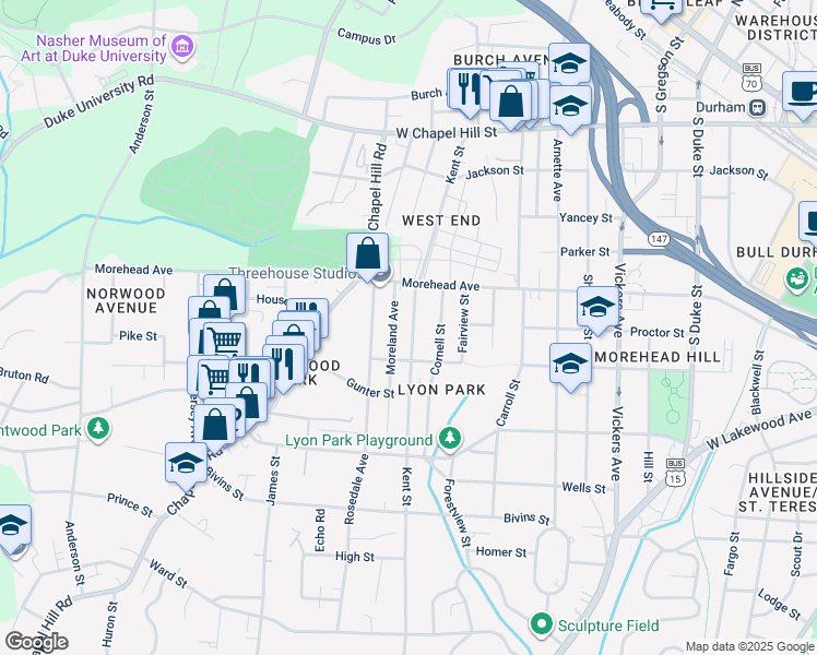 map of restaurants, bars, coffee shops, grocery stores, and more near 1013 Kent Street in Durham