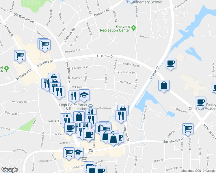map of restaurants, bars, coffee shops, grocery stores, and more near 216 Druid Street in High Point