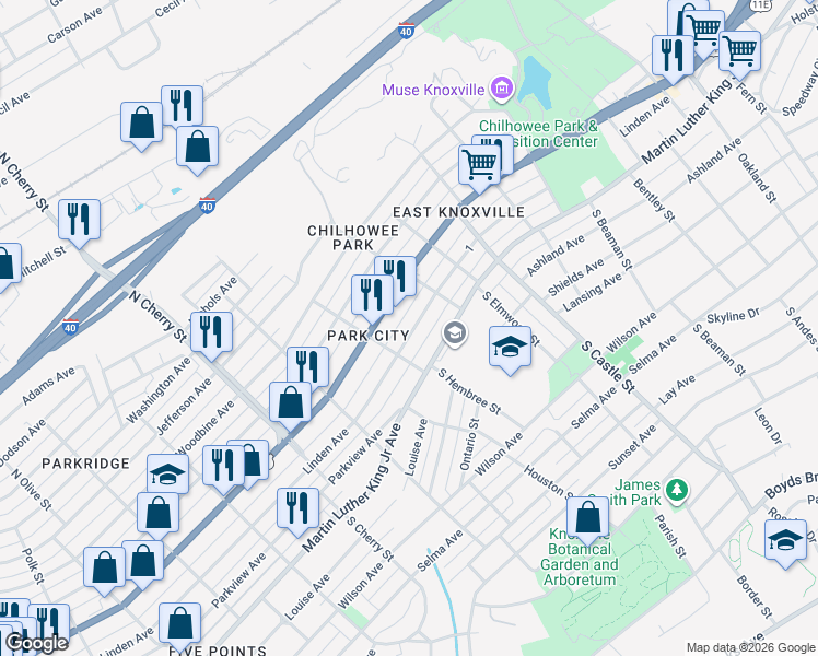 map of restaurants, bars, coffee shops, grocery stores, and more near 2837 Linden Avenue in Knoxville