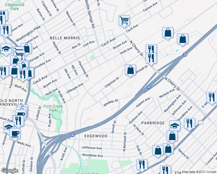 map of restaurants, bars, coffee shops, grocery stores, and more near 2128 Chipman Street in Knoxville
