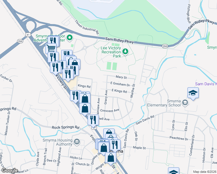 map of restaurants, bars, coffee shops, grocery stores, and more near 502 Gracy Avenue in Smyrna