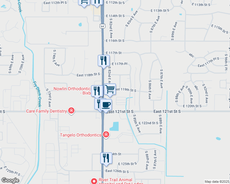 map of restaurants, bars, coffee shops, grocery stores, and more near 1842 East 119th Street South in Bixby