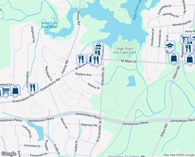 map of restaurants, bars, coffee shops, grocery stores, and more near 107 Robbins Avenue in Jamestown