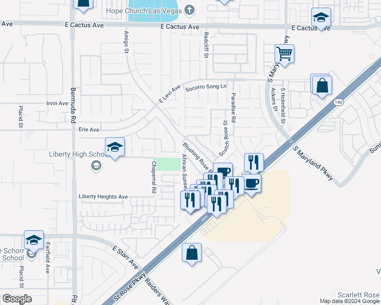 map of restaurants, bars, coffee shops, grocery stores, and more near 845 Blushing Rose Place in Henderson
