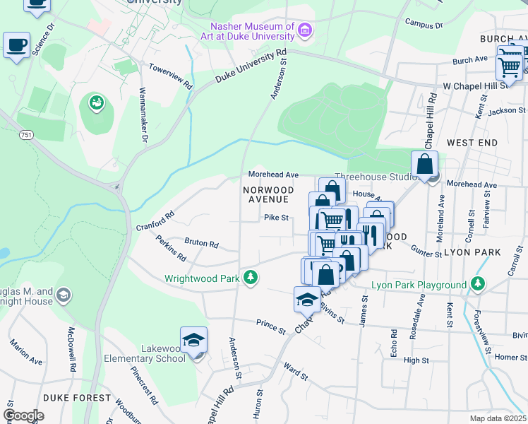 map of restaurants, bars, coffee shops, grocery stores, and more near 1023 Norwood Avenue in Durham