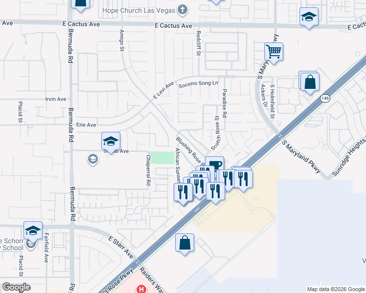 map of restaurants, bars, coffee shops, grocery stores, and more near 845 Blushing Rose Place in Henderson