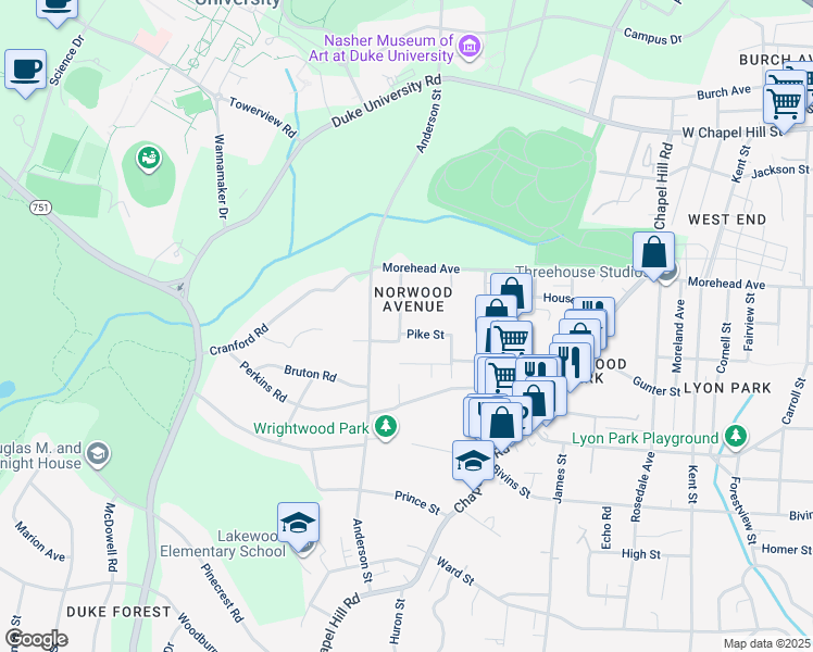 map of restaurants, bars, coffee shops, grocery stores, and more near 1023 Norwood Avenue in Durham