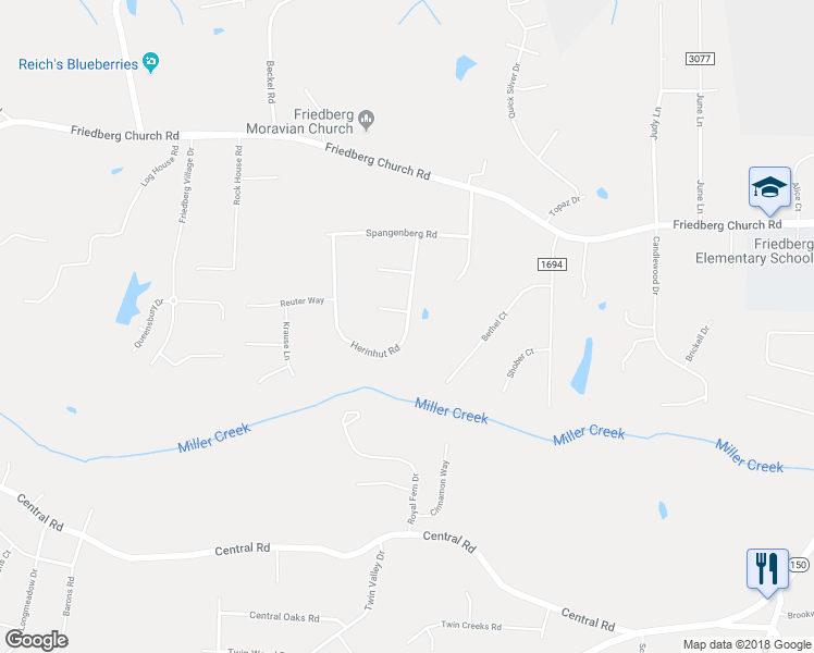 map of restaurants, bars, coffee shops, grocery stores, and more near 5930 Herinhut Road in Winston-Salem