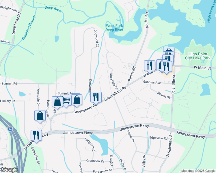 map of restaurants, bars, coffee shops, grocery stores, and more near 1021 Manor Drive in High Point