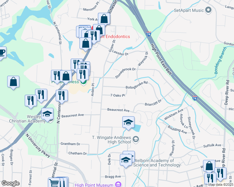 map of restaurants, bars, coffee shops, grocery stores, and more near 1613 7 Oaks Place in High Point