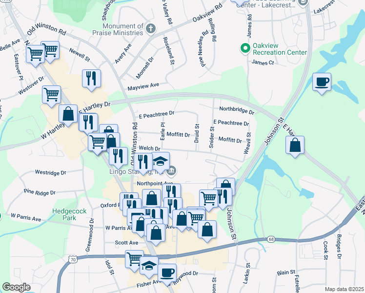 map of restaurants, bars, coffee shops, grocery stores, and more near 220 Moffitt Drive in High Point