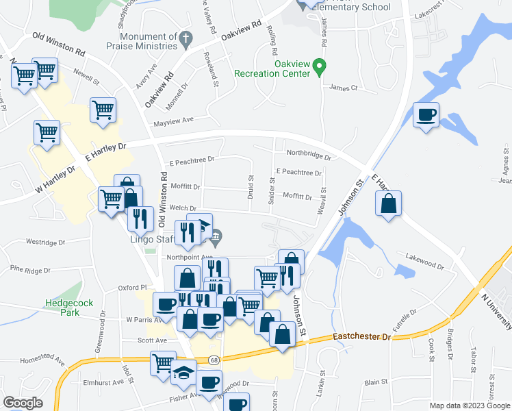 map of restaurants, bars, coffee shops, grocery stores, and more near 204 Druid Street in High Point