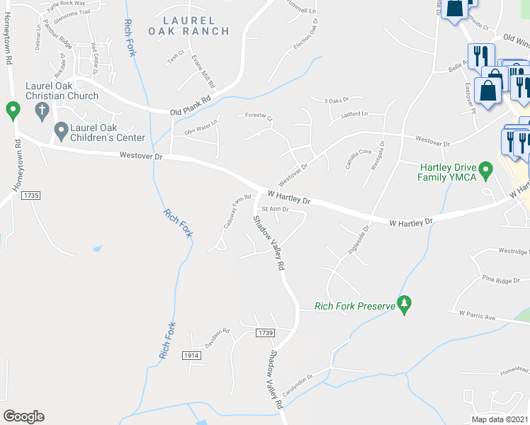 map of restaurants, bars, coffee shops, grocery stores, and more near 957 Saint Ann Drive in High Point