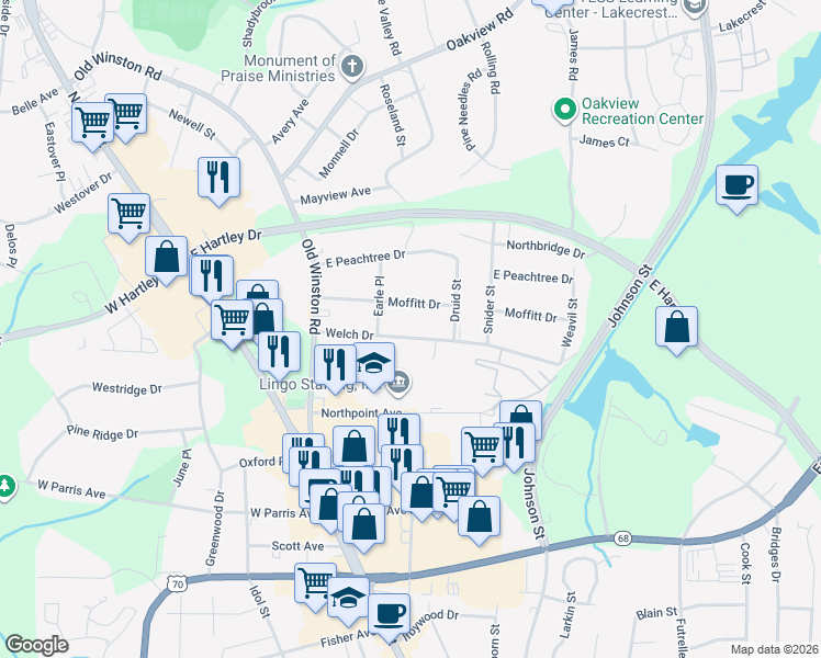 map of restaurants, bars, coffee shops, grocery stores, and more near 220 Moffitt Drive in High Point