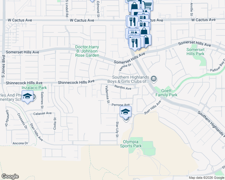 map of restaurants, bars, coffee shops, grocery stores, and more near 10916 Vallerosa Street in Las Vegas