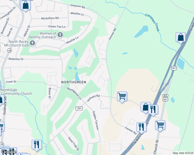 map of restaurants, bars, coffee shops, grocery stores, and more near 1340 Fairway Terrace in Rocky Mount