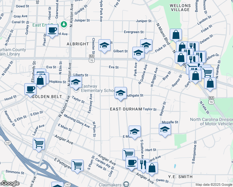 map of restaurants, bars, coffee shops, grocery stores, and more near 509 North Driver Street in Durham