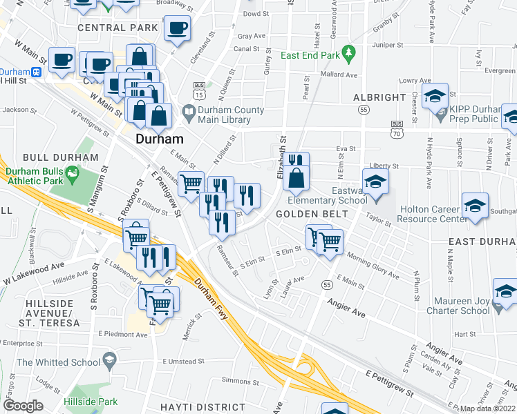 map of restaurants, bars, coffee shops, grocery stores, and more near 601 East Main Street in Durham