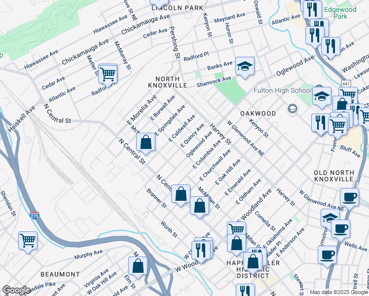 map of restaurants, bars, coffee shops, grocery stores, and more near 316 East Quincy Avenue in Knoxville