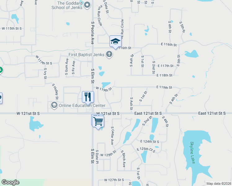 map of restaurants, bars, coffee shops, grocery stores, and more near 11905 South Cedar Court in Jenks