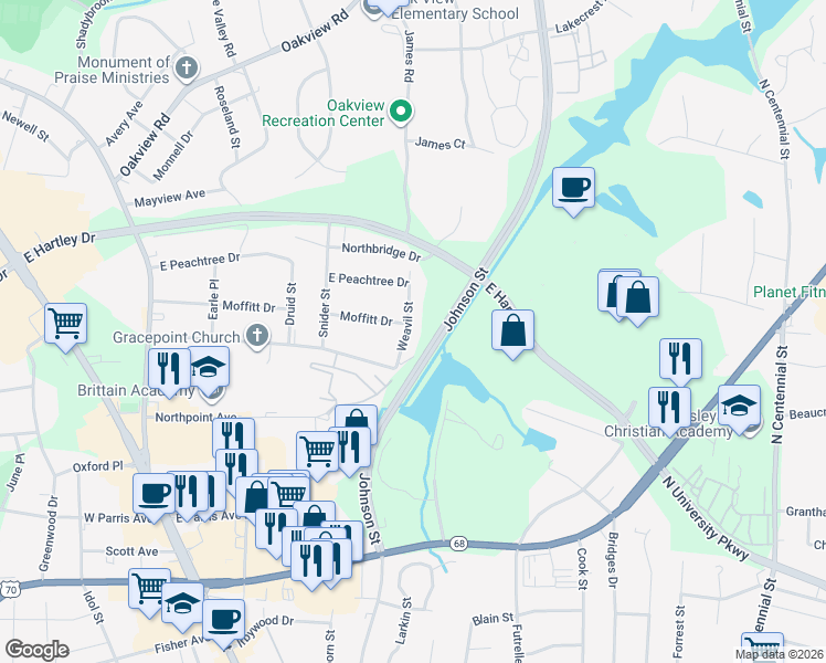 map of restaurants, bars, coffee shops, grocery stores, and more near 216 Weavil Street in High Point