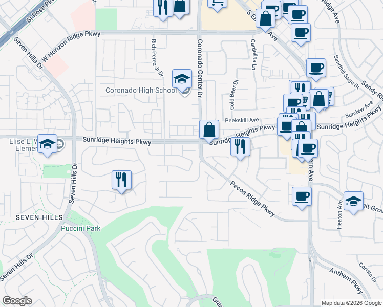 map of restaurants, bars, coffee shops, grocery stores, and more near 2815 Shadows Edge Court in Henderson
