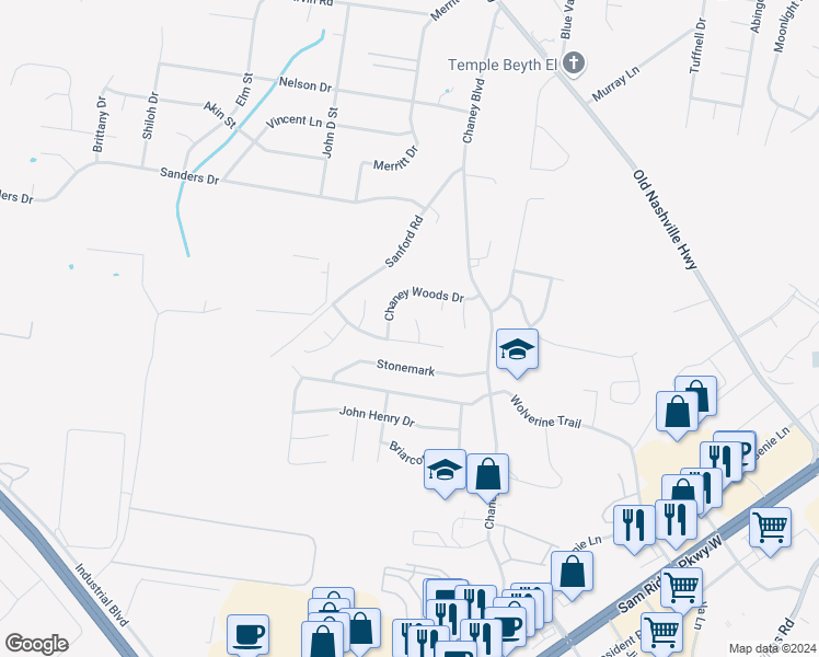 map of restaurants, bars, coffee shops, grocery stores, and more near 603 Hounds Run in La Vergne