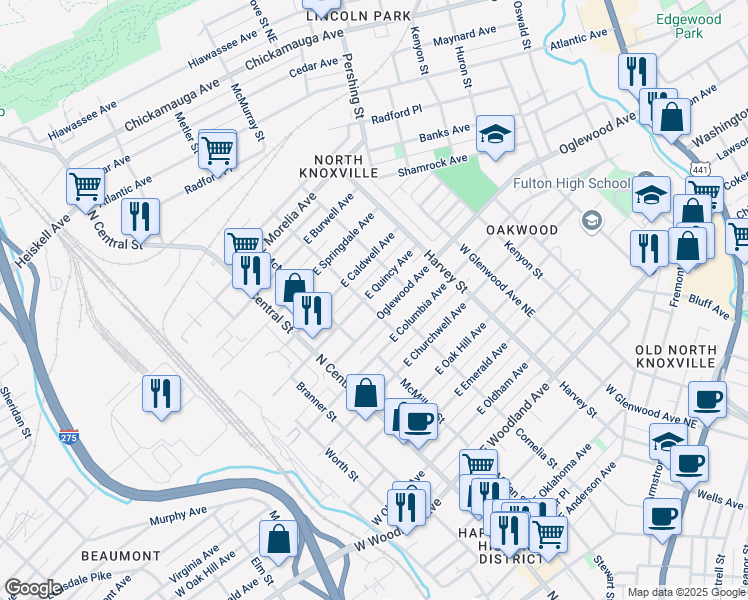 map of restaurants, bars, coffee shops, grocery stores, and more near 316 East Quincy Avenue in Knoxville