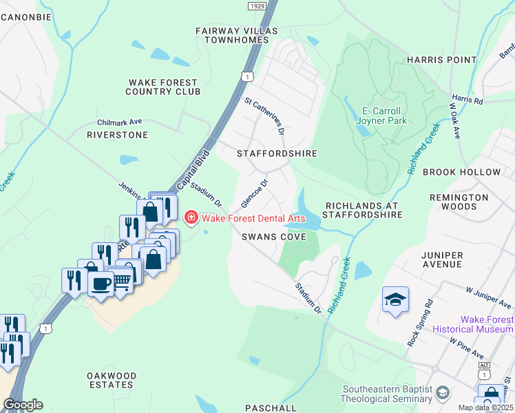 map of restaurants, bars, coffee shops, grocery stores, and more near 237 Haywicke Place in Wake Forest