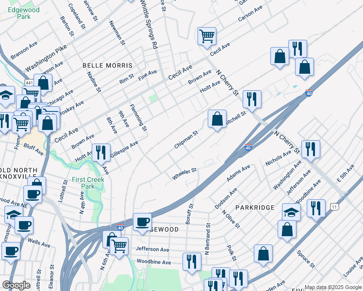 map of restaurants, bars, coffee shops, grocery stores, and more near 2128 Chipman Street in Knoxville