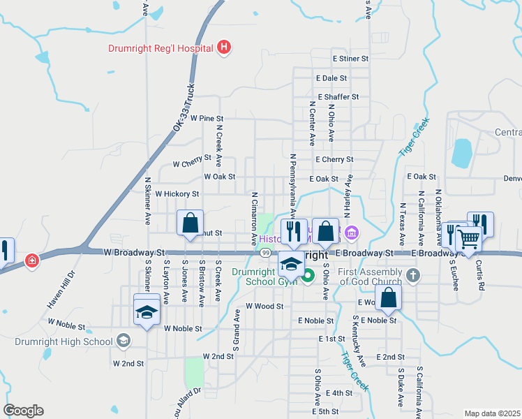 map of restaurants, bars, coffee shops, grocery stores, and more near 321 North Morrow Avenue in Drumright