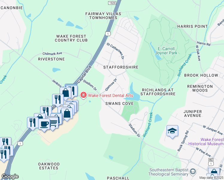 map of restaurants, bars, coffee shops, grocery stores, and more near 237 Haywicke Place in Wake Forest