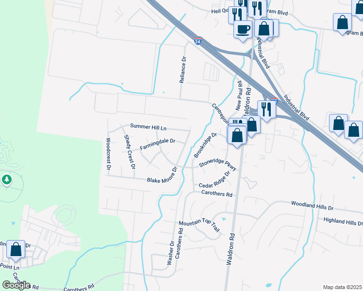 map of restaurants, bars, coffee shops, grocery stores, and more near 578 Blake Moore Drive in La Vergne