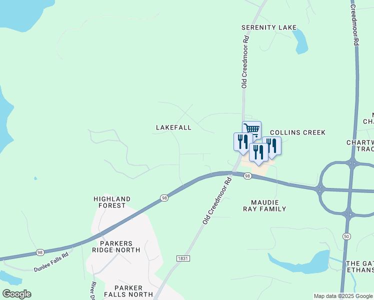 map of restaurants, bars, coffee shops, grocery stores, and more near 1628 Great Woods Road in Wake Forest