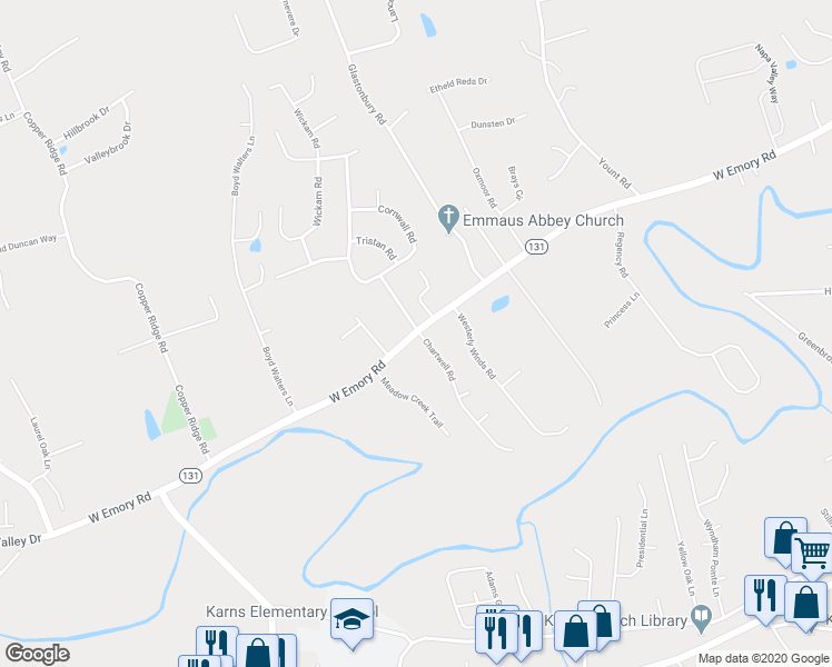 map of restaurants, bars, coffee shops, grocery stores, and more near 7518 West Emory Road in Knoxville