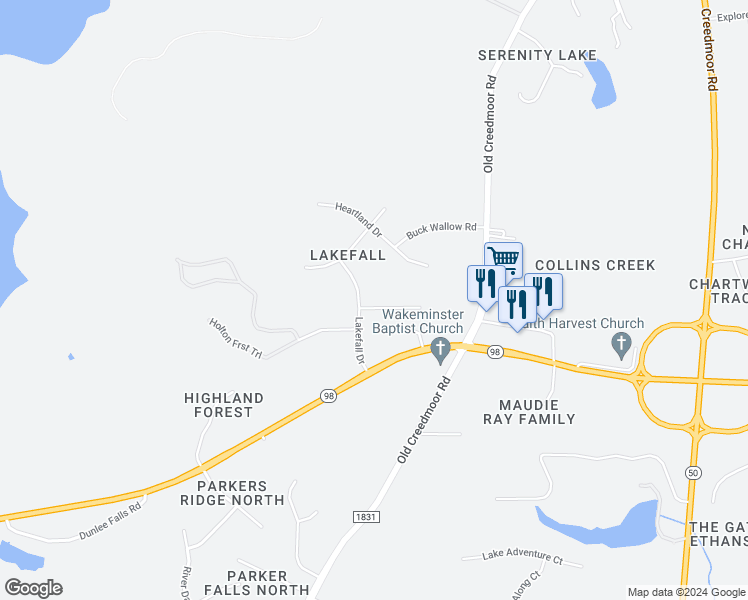map of restaurants, bars, coffee shops, grocery stores, and more near 1628 Great Woods Road in Wake Forest