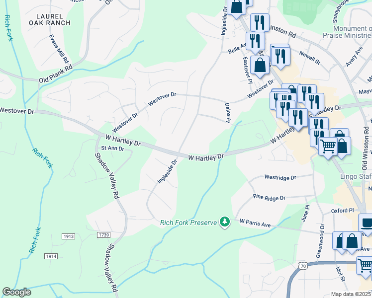 map of restaurants, bars, coffee shops, grocery stores, and more near 2660 Ingleside Drive in High Point