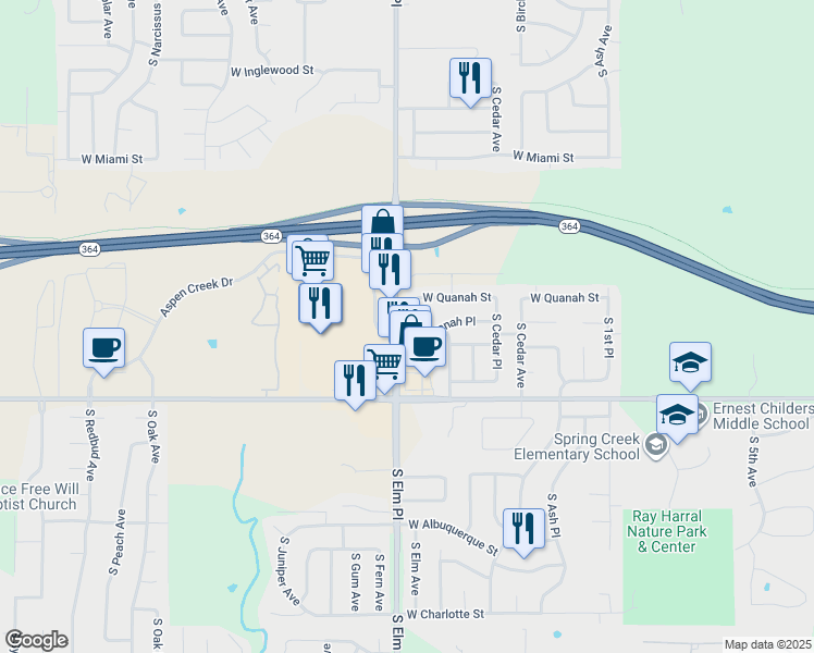 map of restaurants, bars, coffee shops, grocery stores, and more near 6216 South Elm Avenue in Broken Arrow