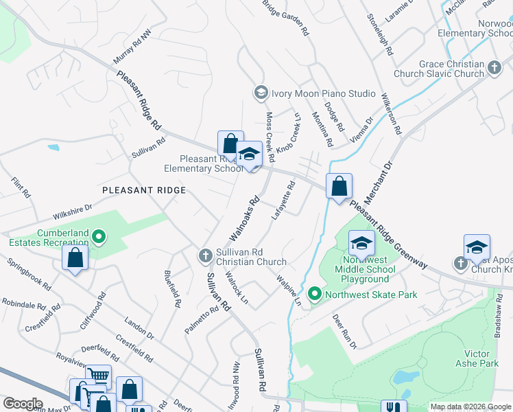 map of restaurants, bars, coffee shops, grocery stores, and more near 3016 Walnoaks Road in Knoxville