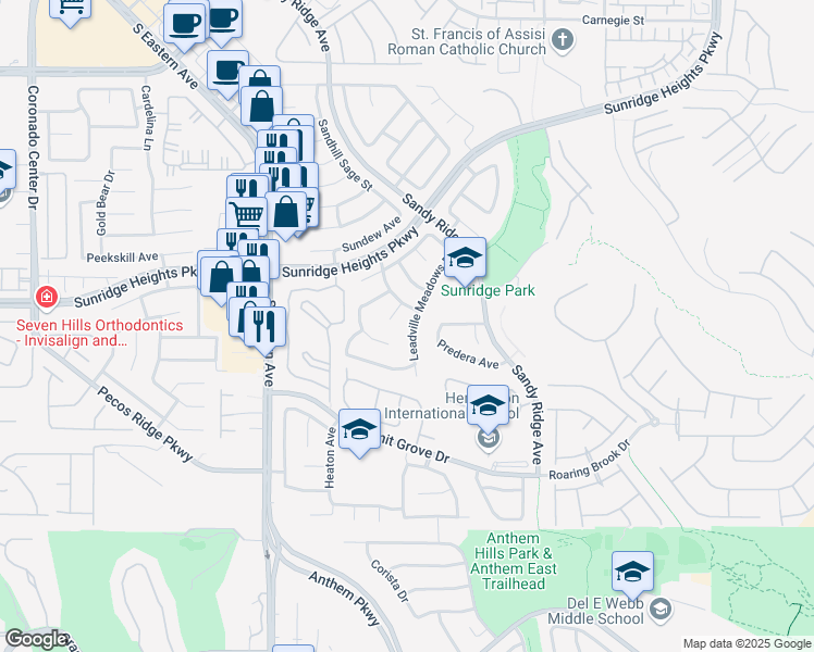 map of restaurants, bars, coffee shops, grocery stores, and more near 992 Leadville Meadows Drive in Henderson